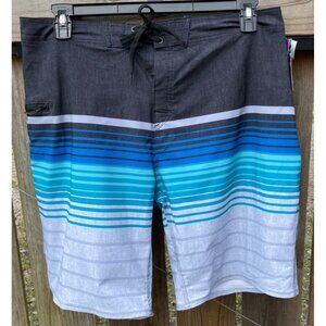 Burnside Mens 34 Board Shorts With Blue Gradient Stripes Drawstring Closure